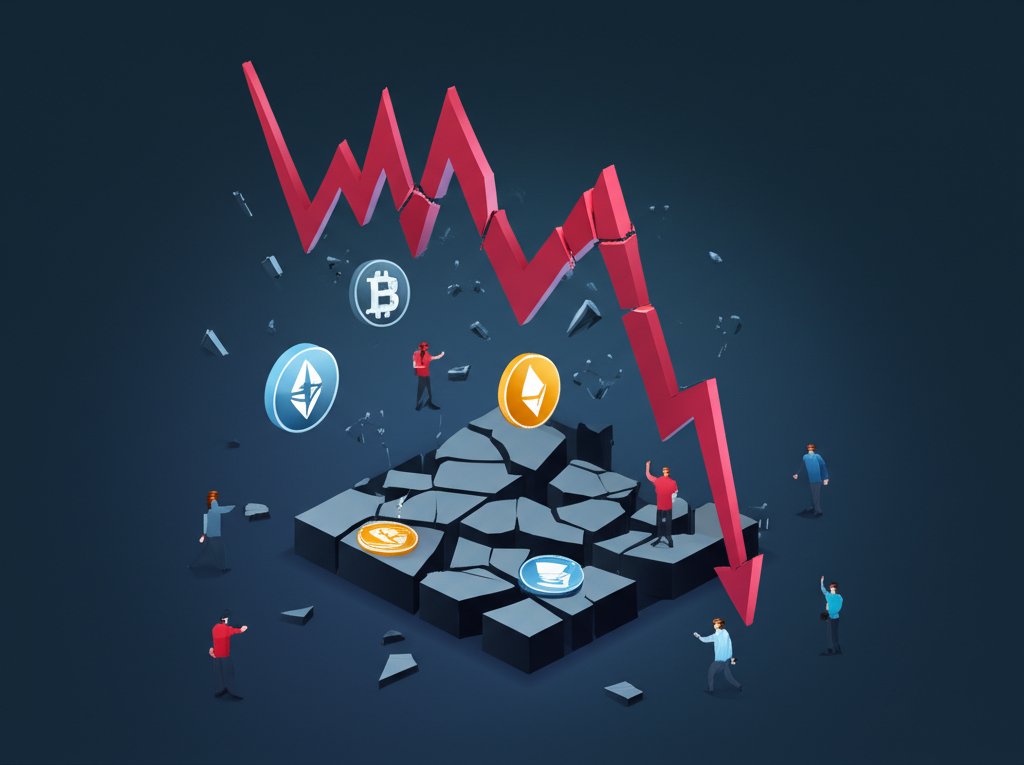 Cryptocurrency market crash with charts showing significant downside likely.