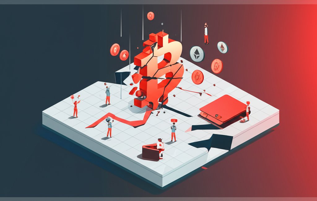 Crypto selloff: digital currency market crash, red arrows down.