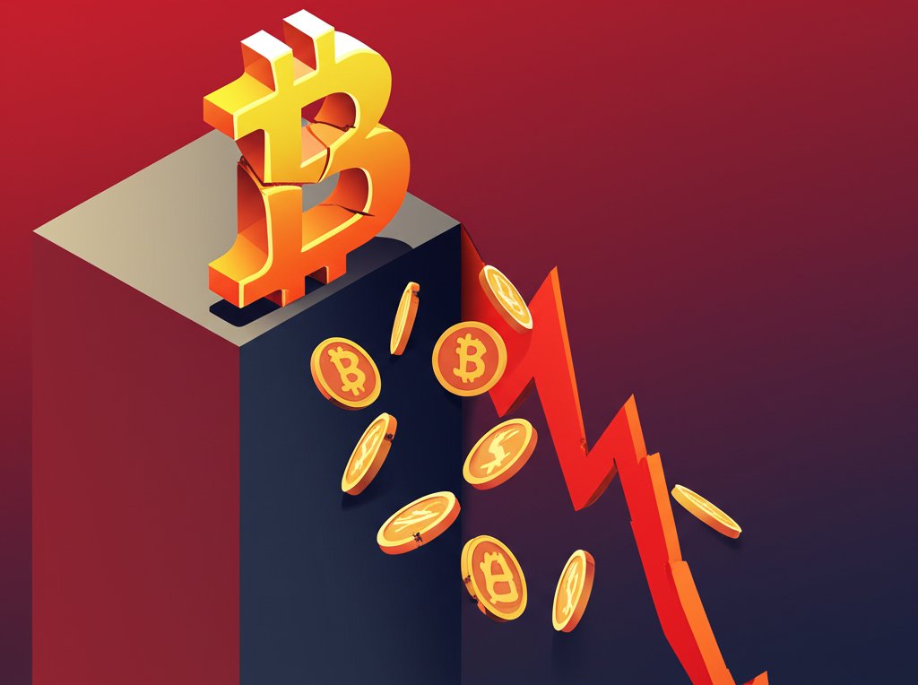 Bitcoin cryptocurrency prices plummeting, red downward arrow on market chart.