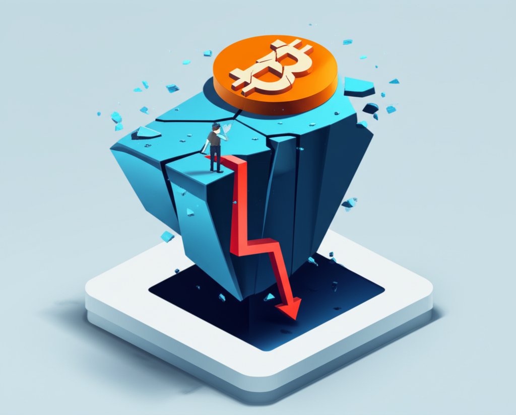 Bitcoin price chart with sharp decline and a question mark about a market crash.