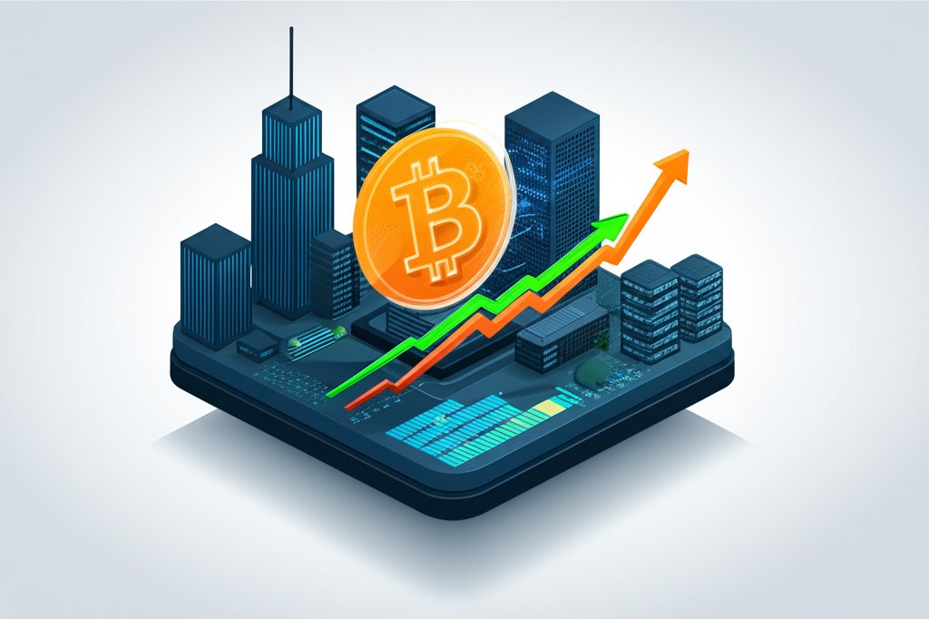 Upward Bitcoin chart reflecting surging institutional adoption and long-term market stability.