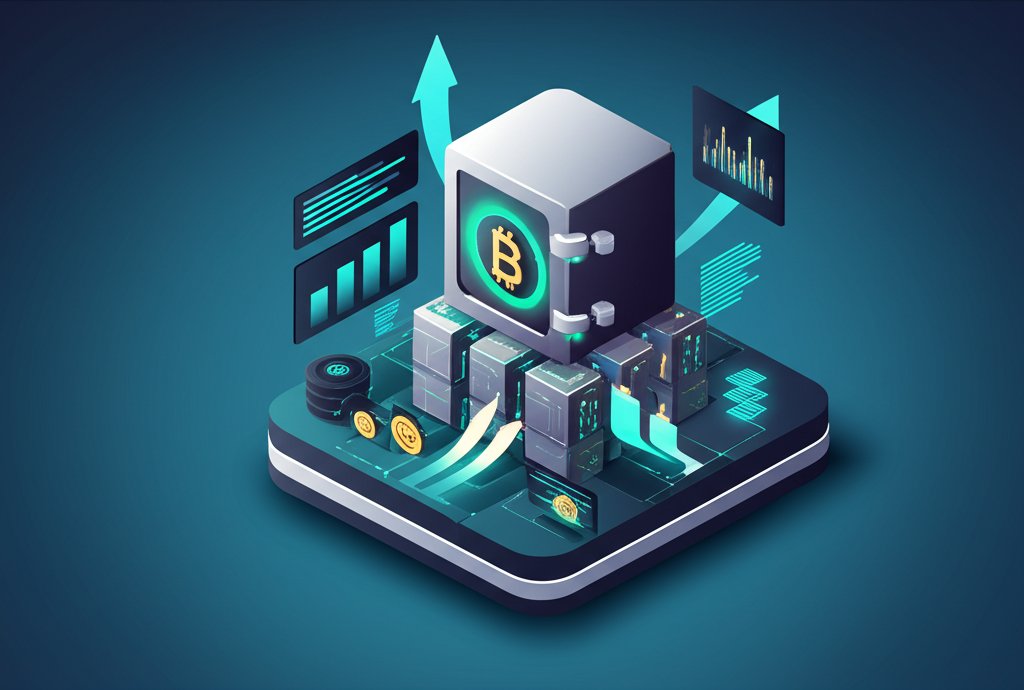 Cryptocurrency coins and market charts, assessing crypto's permanent financial future.