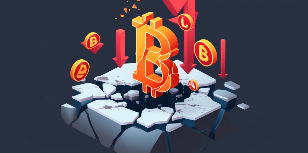 Cryptocurrency market crash with red downward arrow chart.